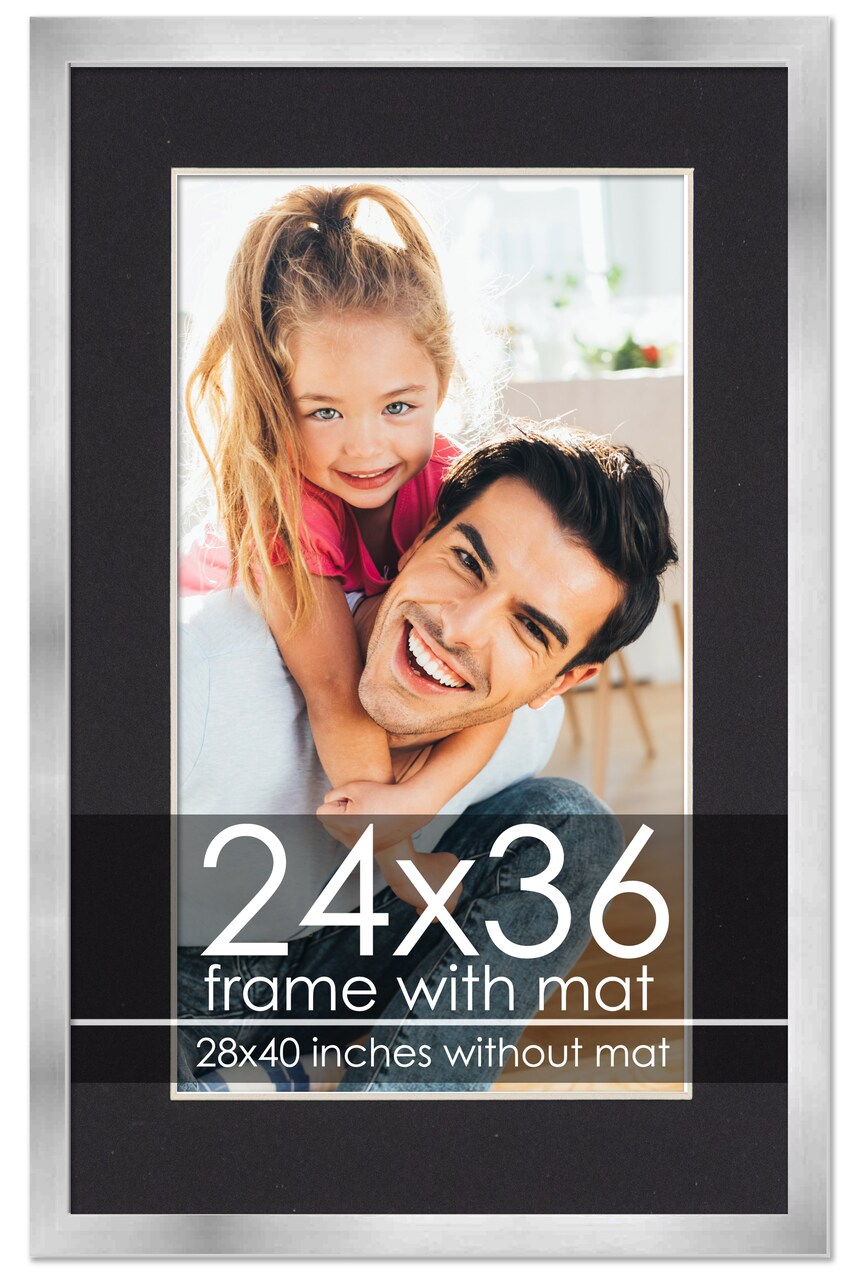 24x36 Frame with Mat - Silver 28x40 Frame Wood Made to Display Print or Poster Measuring 24 x 36 Inches with Black Photo Mat